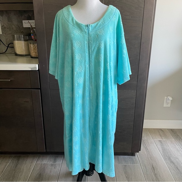 Stan Herman Aqua Blue Terry Cloth Short Sleeve Housecoat Zip Robe Pockets Sz 2X - Picture 3 of 10